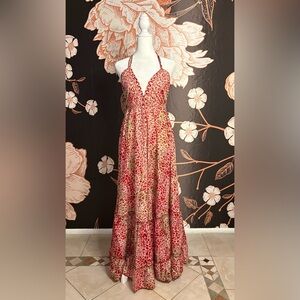 EXOTIC Silk Blend Open Back Halter Tropical Beach Maxi Dress